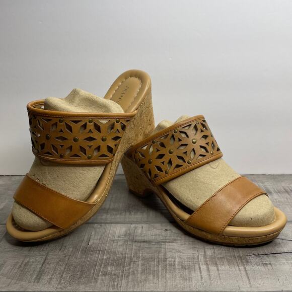 FRANCO FORTINI Leslie Tan Leather Cut out Stud Cork Wedge Heel Sandals Womens  7 - Picture 4 of 8
